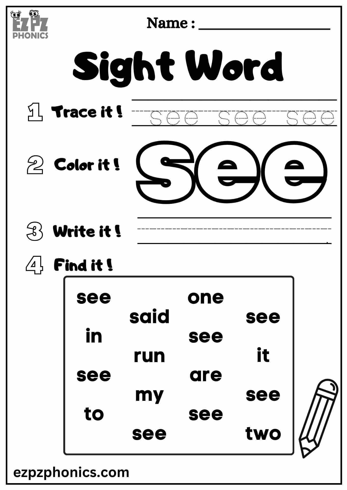 The "See" Sight Word Worksheet for PreKindergarten Dolch Sight Words
